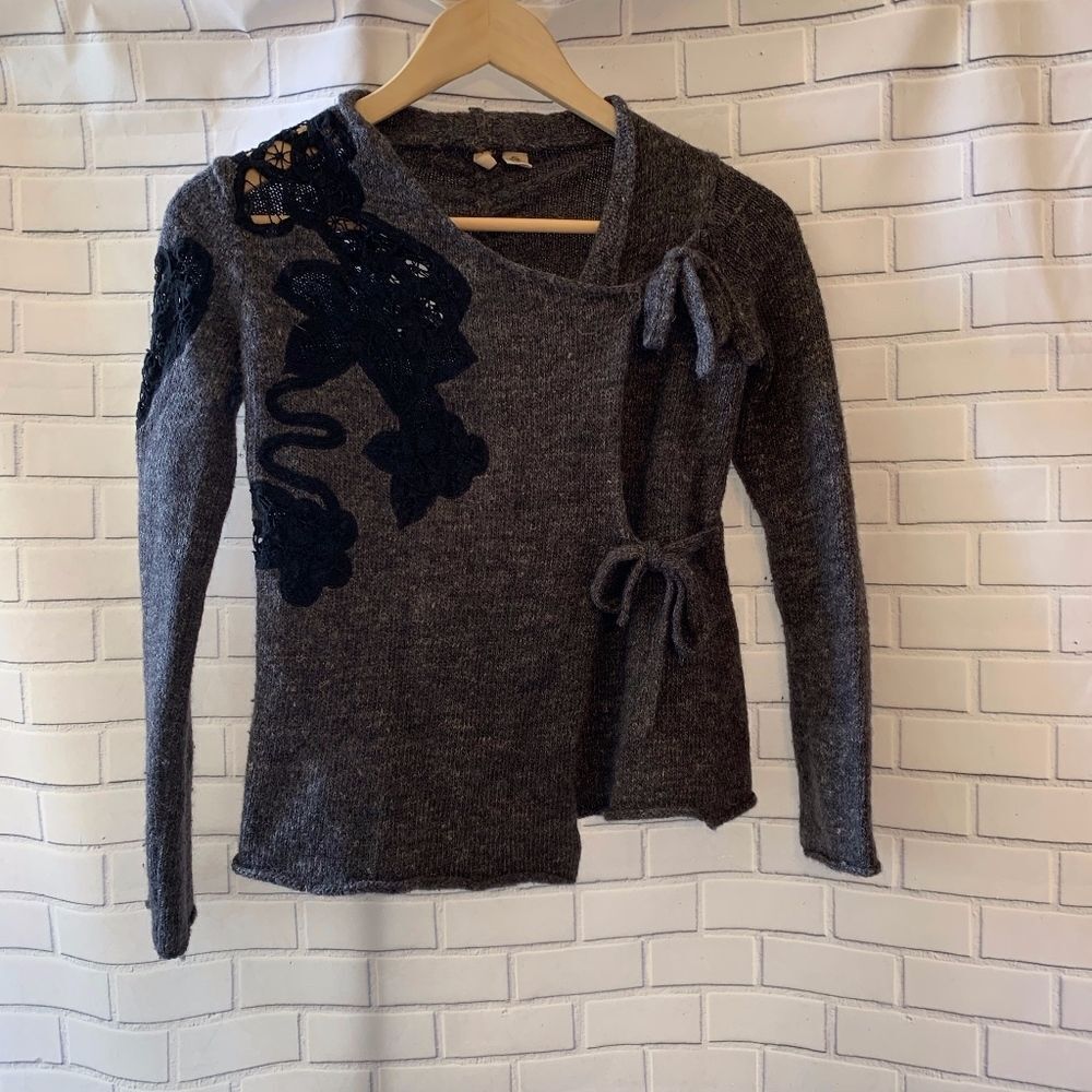 Anthro Moth Gray Side Tie Crochet/Knit Sweater XS